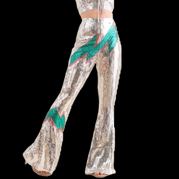 Green and Silver Flare Pants with Boot Cut Design - Picture 1 of 8